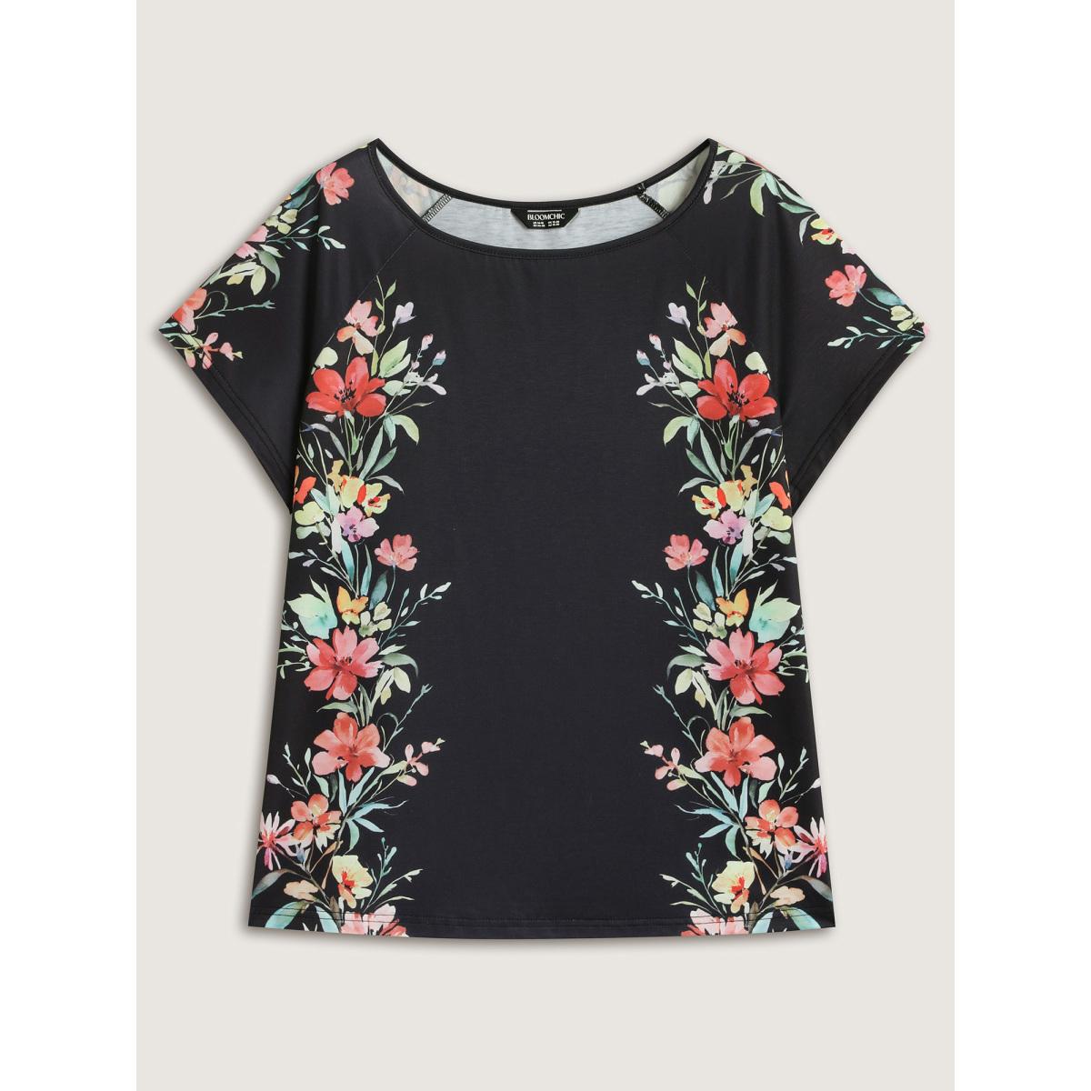 Plus Size Floral Print Solid Round Neck T-Shirt Black Women Leisure Contrast Round Neck Casual T-shirts BloomChic 10/M Product Image
