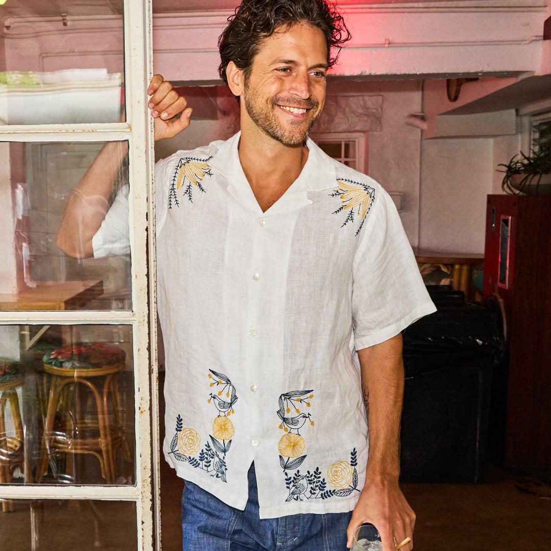 Bird Embroidery Camp Shirt - White Product Image