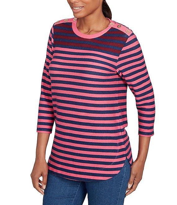 Ruby Rd. Striped Hatchi Knit Crew Neck 3/4 Sleeve Top Product Image