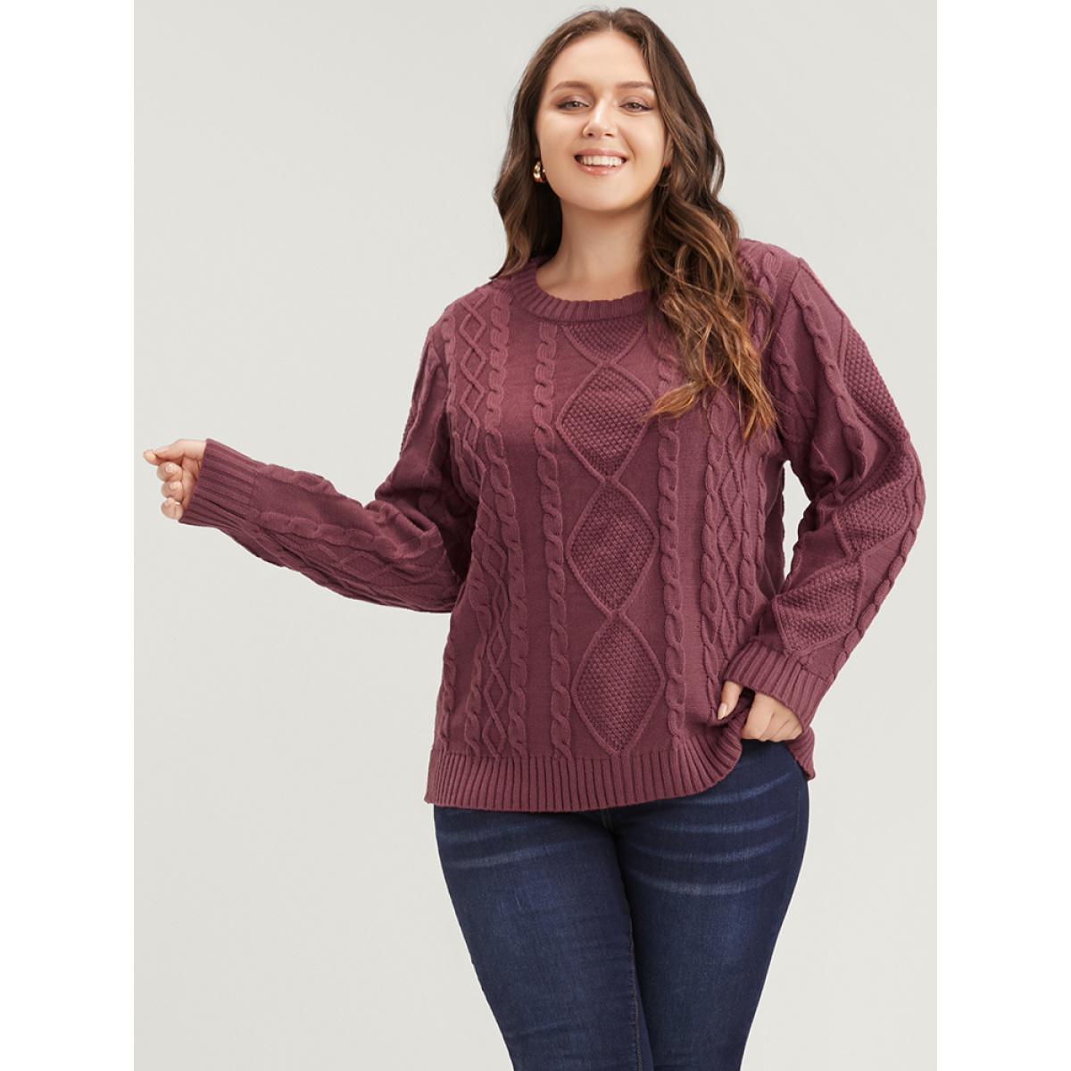 Plus Size Solid Pointelle Knit Round Neck Geometric Cable Knit Top Russet Women Casual Long Sleeve Round Neck Dailywear Pullovers BloomChic 14-16/1X Product Image