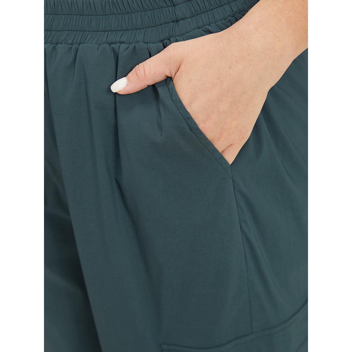 Plus Size Plain Drawstring Patched Pocket High Rise Pants Women DarkGreen Casual Straight Leg High Rise Dailywear Pants BloomChic 14-16/1X Product Image