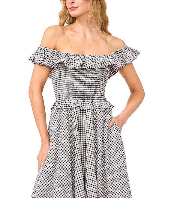 CeCe Gingham Off-The-Shoulder Sleeveless Ruffle Smocked Maxi A-Line Dress Product Image