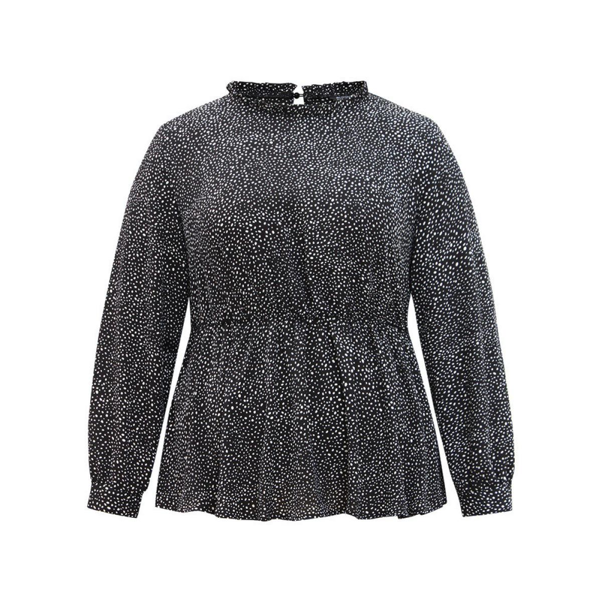 Plus Size Black Polka Dot Chiffon Frill Trim Cut Out Elastic Waist Blouse Women Office Long Sleeve Round Neck Office Blouses BloomChic 18-20/2X Product Image