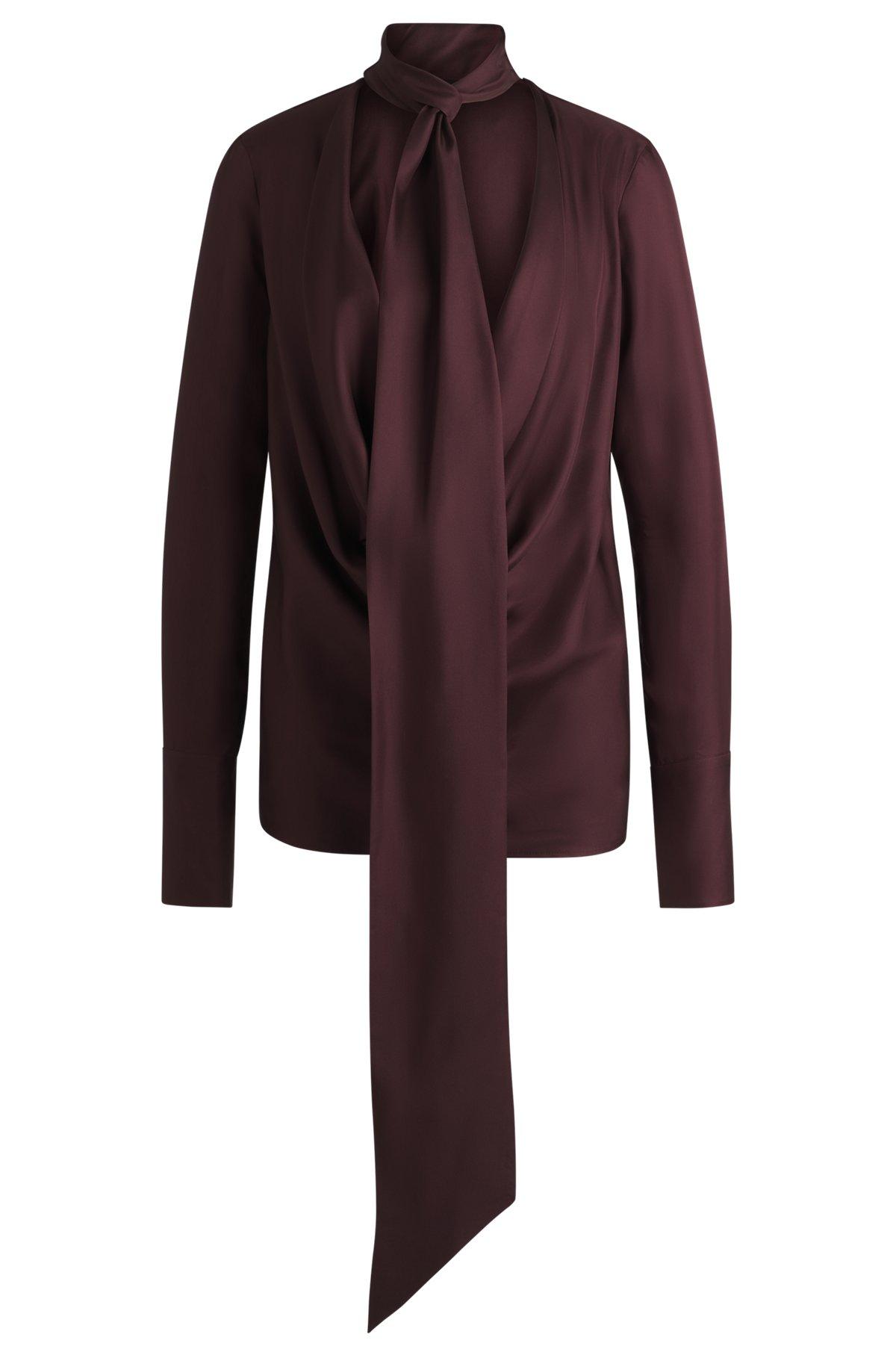 BOSS - Regular-fit blouse in silk twill with scarf neckline - Light Brown Product Image