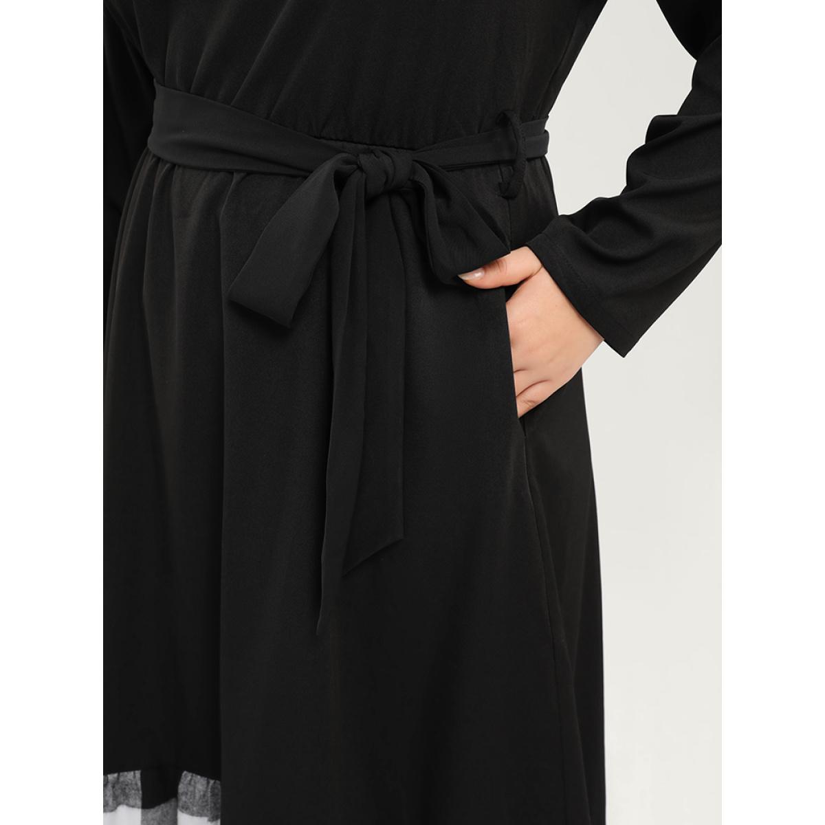 Plus Size Plaid Patchwork Pocket Belted Asymmetrical Hem Dress Black Women Elegant Belted Round Neck Long Sleeve Curvy Midi Dress BloomChic 30/6X Product Image