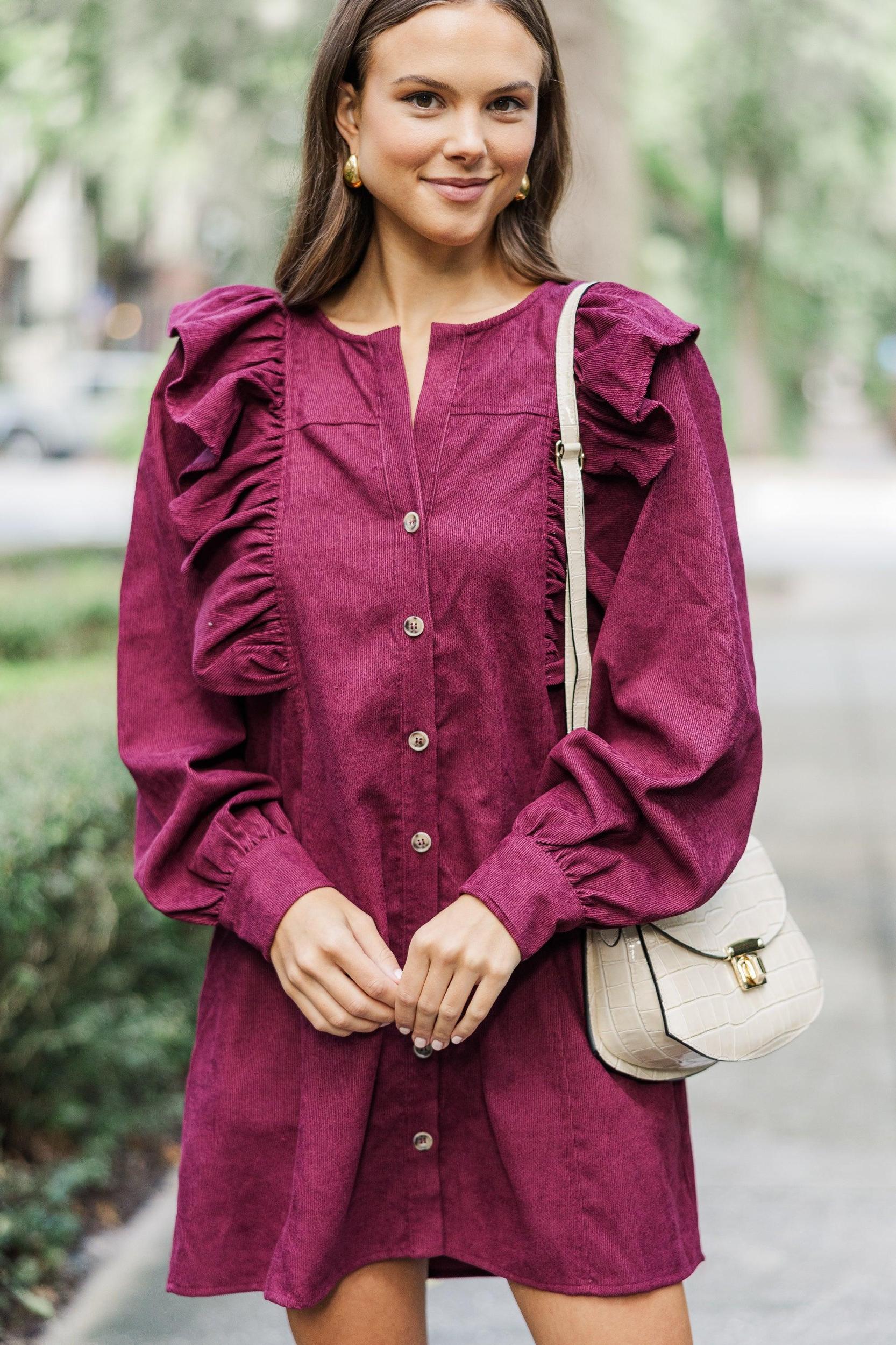 Never Too Late Burgundy Red Corduroy Dress Female Product Image