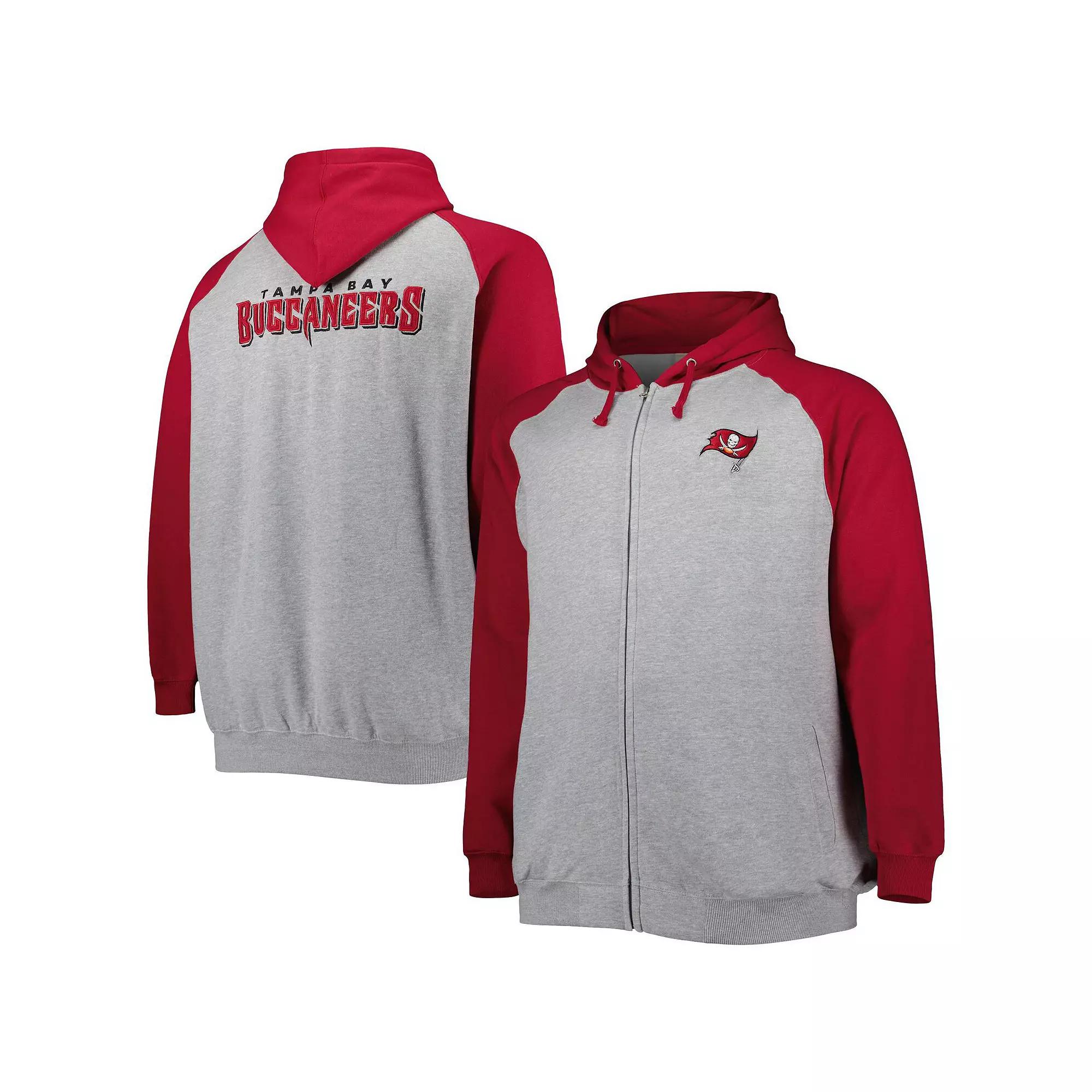 Men's Heather Gray Tampa Bay Buccaneers Big & Tall Fleece Raglan Full-Zip Hoodie Jacket, Size: 3XLT, Grey Product Image