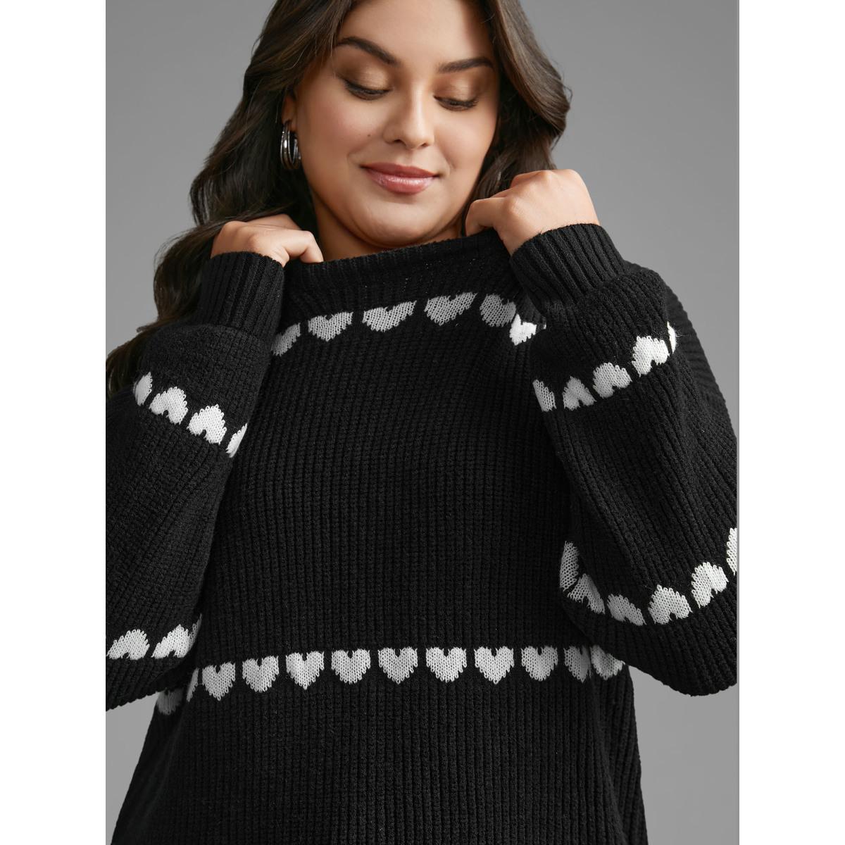 Plus Size Supersoft Essentials Heart Jacquard Pullover Black Women Casual Loose Long Sleeve Round Neck Everyday Pullovers BloomChic 28/5X Product Image