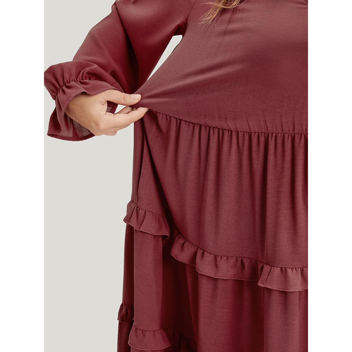 Plus Size Solid Lantern Sleeve Pocket Ruffle Hem Dress Russet Women Elegant V-neck Long Sleeve Curvy Long Dress BloomChic 12/L Product Image