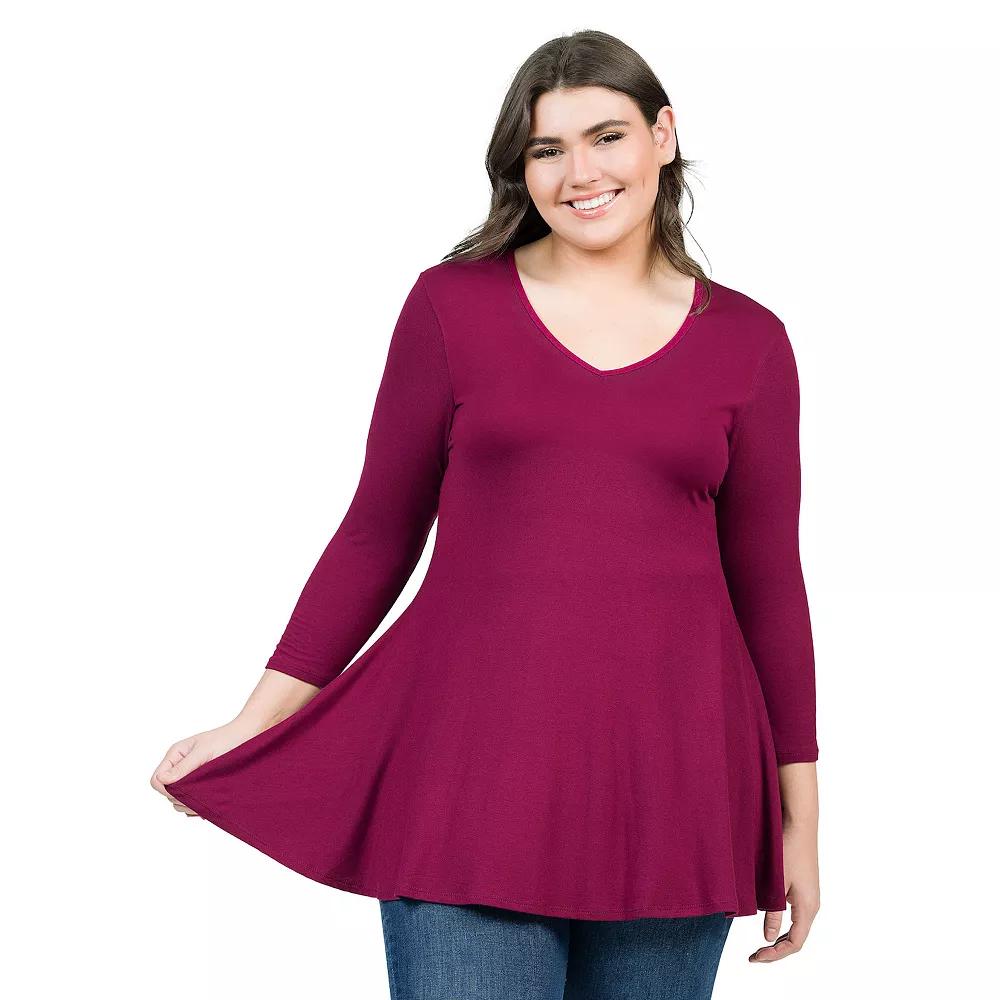 Plus Size 24Seven Comfort Apparel Quarter Sleeve V-Neck Tunic Top, Womens Green Product Image