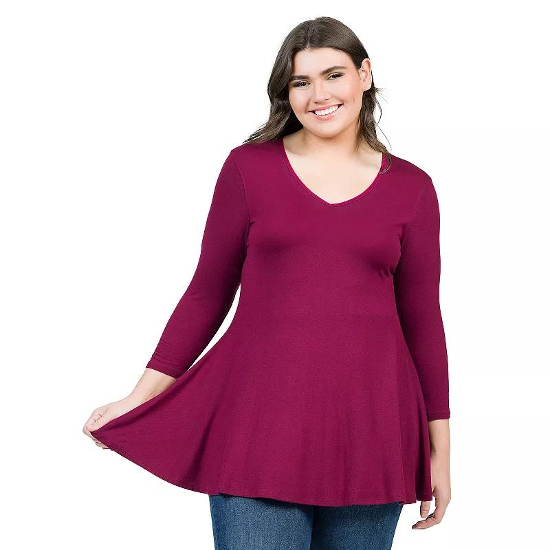 Plus Size 24Seven Comfort Apparel Quarter Sleeve V-Neck Tunic Top, Womens Green Product Image