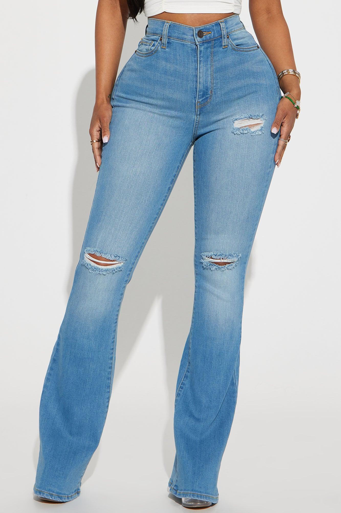 Luxurious Distressed Super Stretch Flare Jeans - Medium Blue Wash Product Image