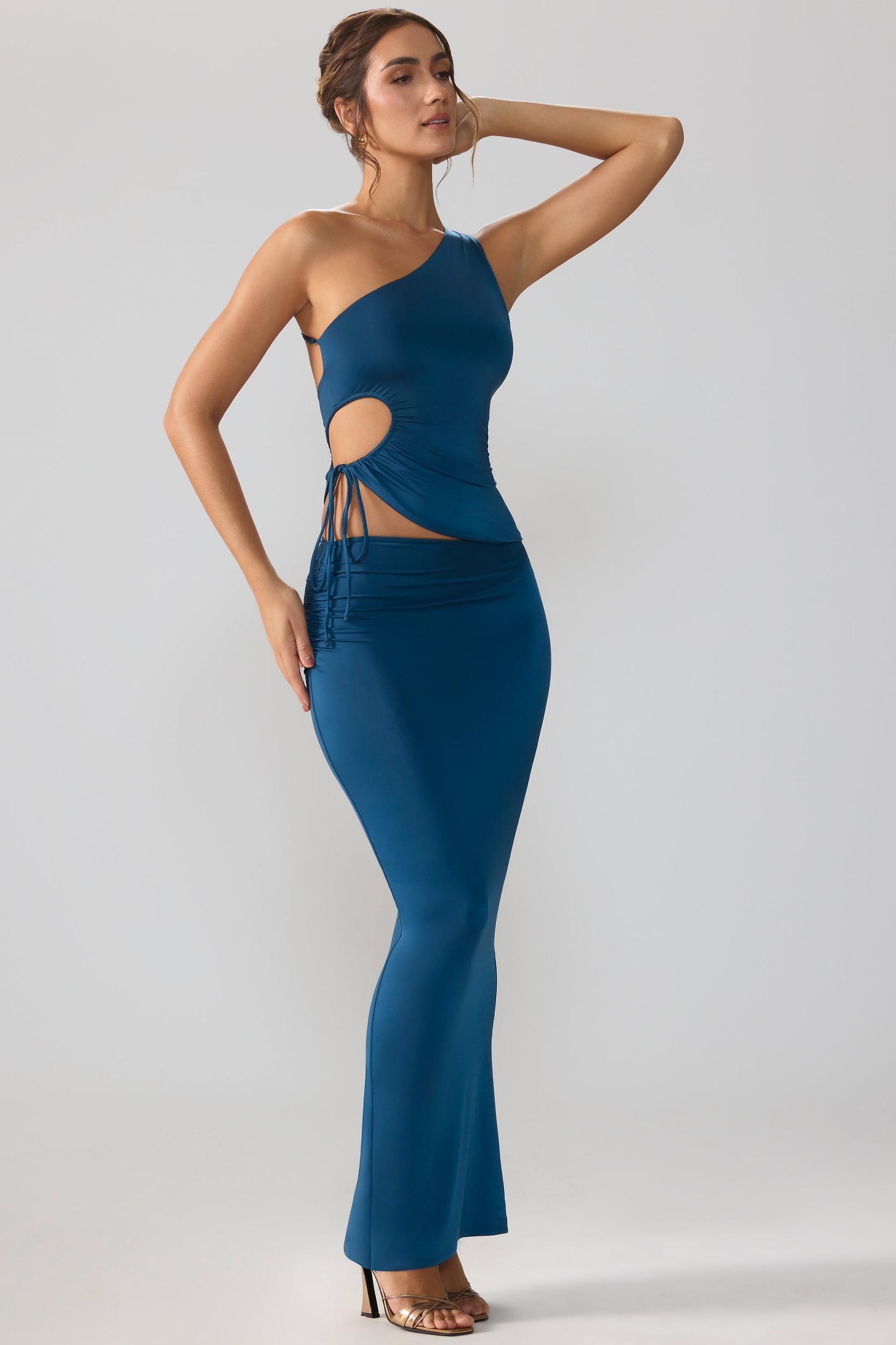 Slinky Jersey Asymmetric Waist Maxi Skirt in Midnight Blue Product Image