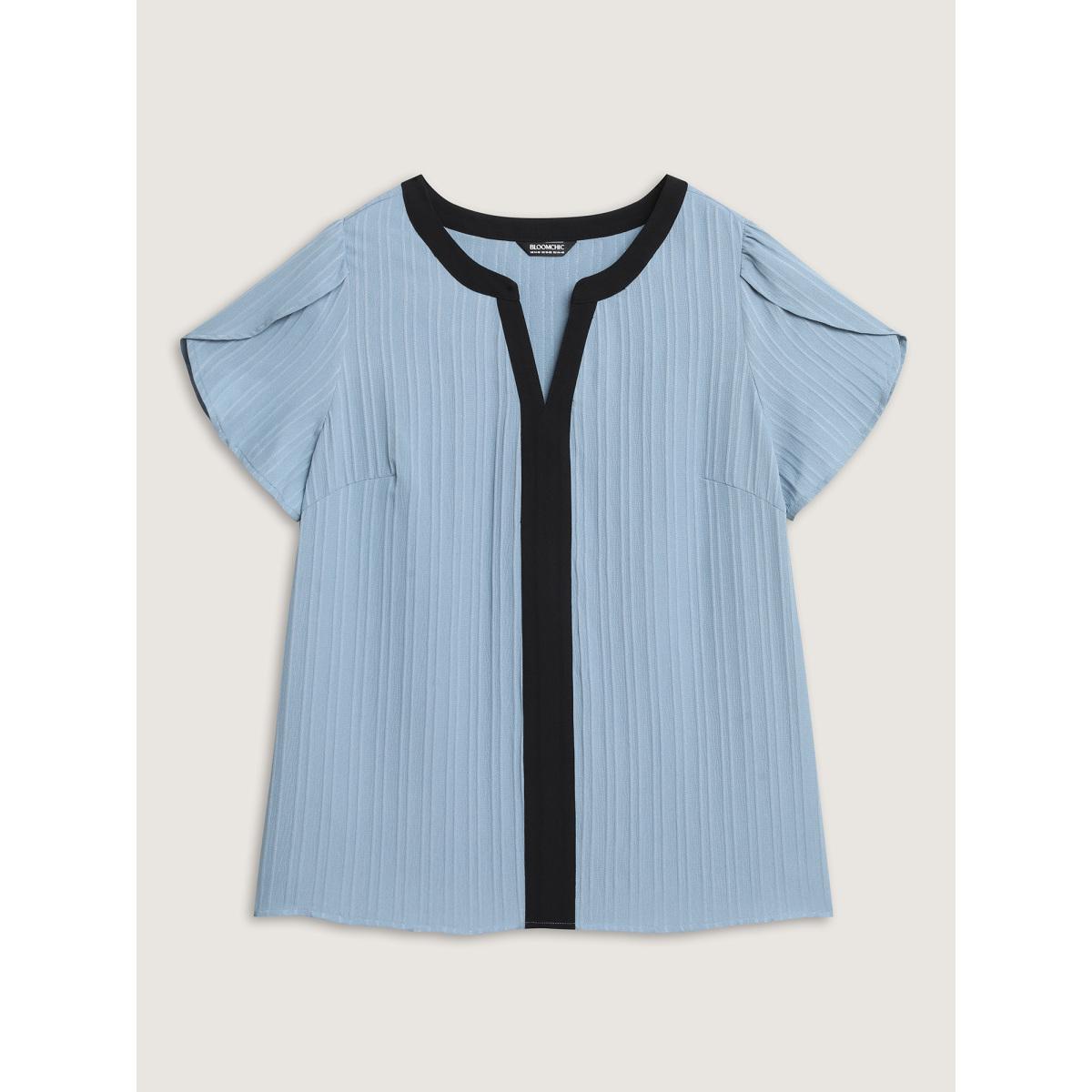 Plus Size Stone Textured Color Contrast Petal Sleeve Blouse Women Short sleeve Flat collar with V-notch Work Blouses BloomChic 12/L Product Image