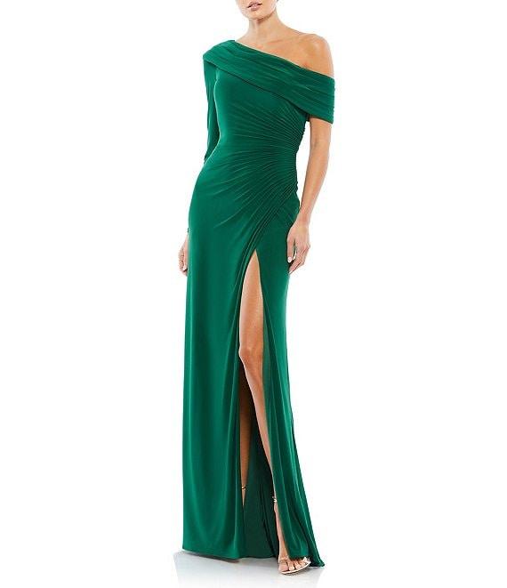 Mac Duggal Asymmetric One Shoulder Long Sleeve Ruched Jersey Gown Product Image
