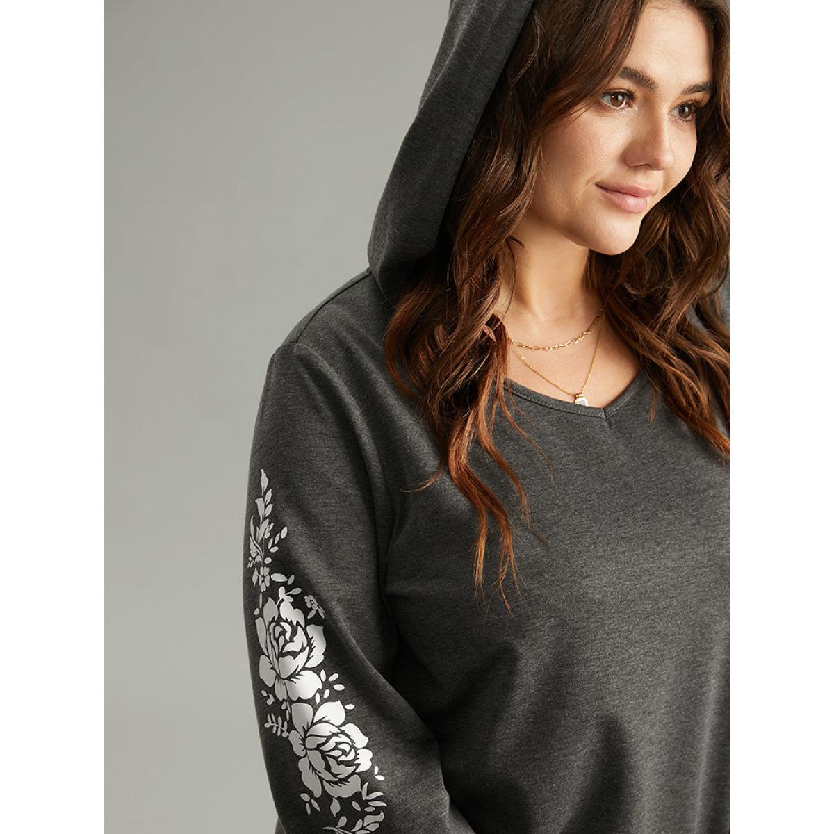 Plus Size Floral Print Hooded Rib Knit Sweatshirt Women DimGray Elegant Printed Hooded Dailywear Sweatshirts BloomChic 26/4X Product Image