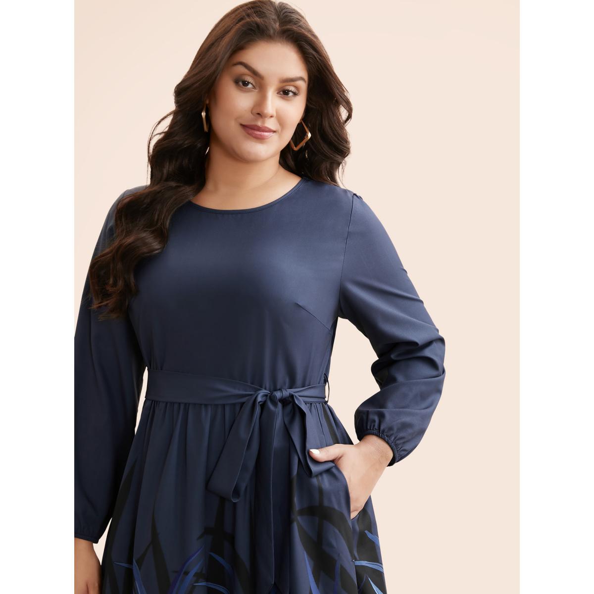 Plus Size Boho Print Belted Lantern Sleeve Dress DarkBlue Women Casual Belted Round Neck Long Sleeve Curvy BloomChic 26/4X Product Image