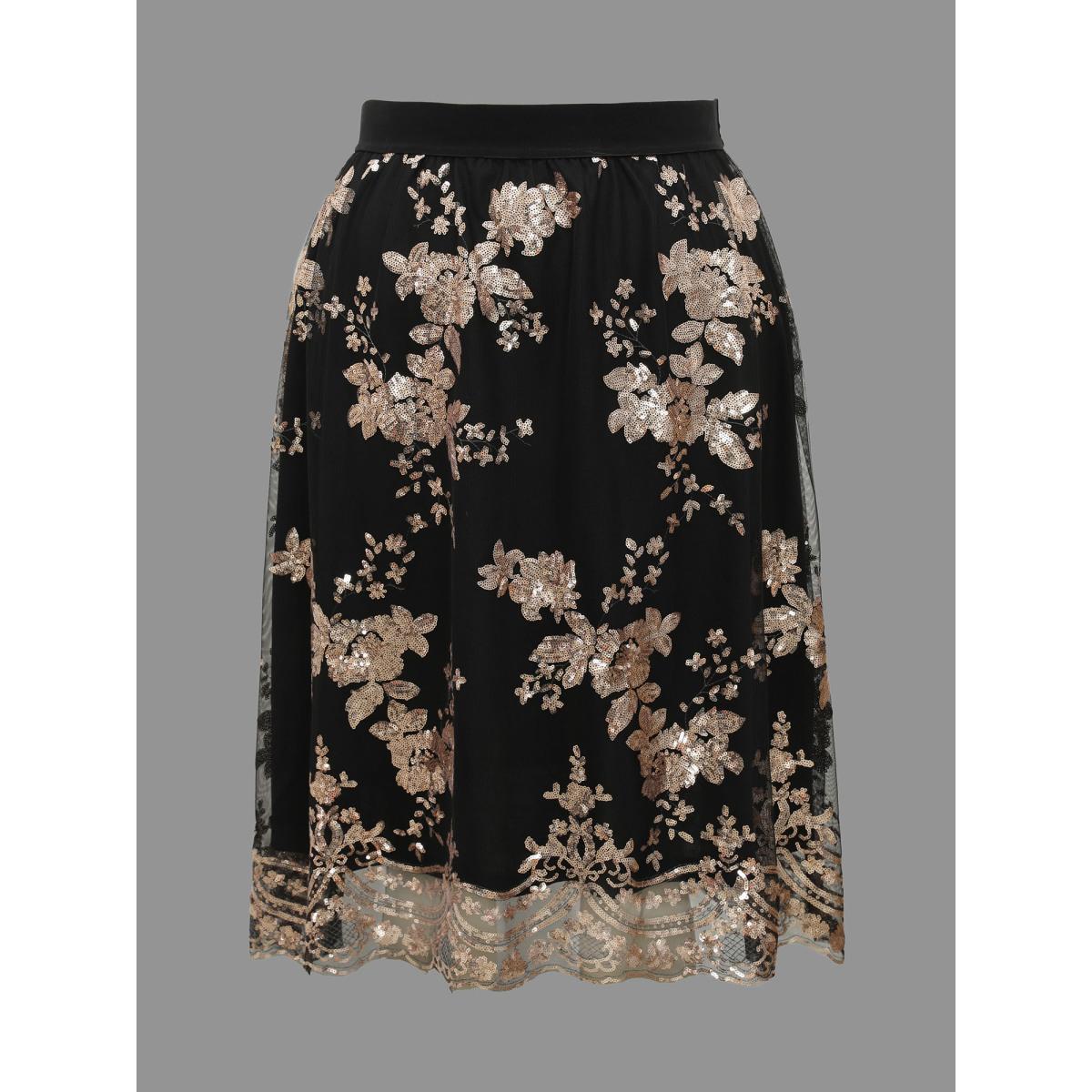 Plus Size Sequin Floral Stretchy Waist Skirt Women Black Cocktail No stretch Party Skirts BloomChic 26/4X Product Image