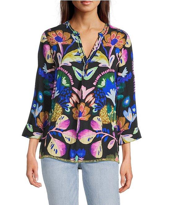 Tru Luxe Jeans Floral Crinkle Embroidered Trim Split Neck 3/4 Sleeve Top Product Image