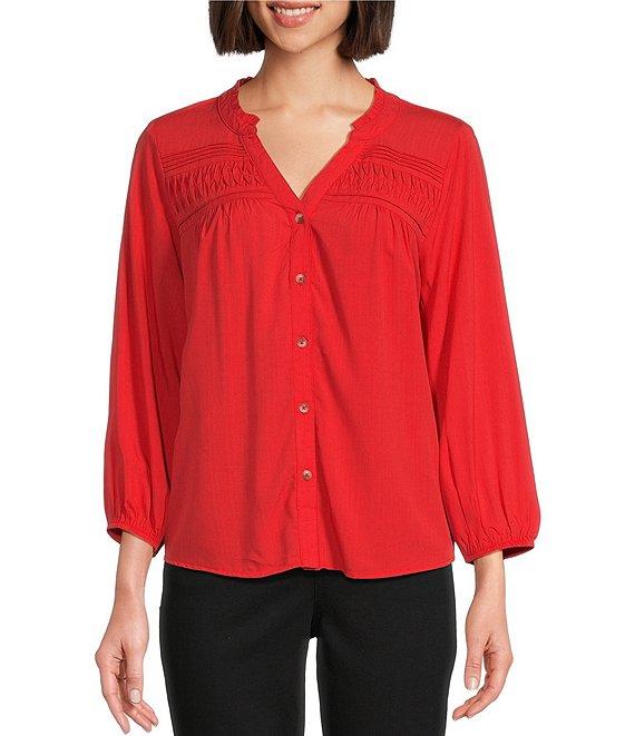 Westbound 3/4 Sleeve Y-Neck Button Front Top Product Image