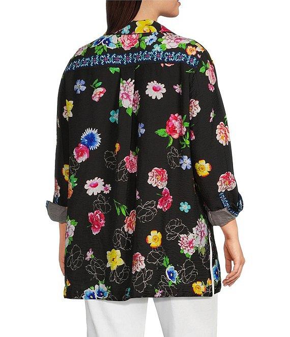 John Mark Plus Size Floral Point Collar Long Roll-Tab Sleeve Button Front Tunic Product Image