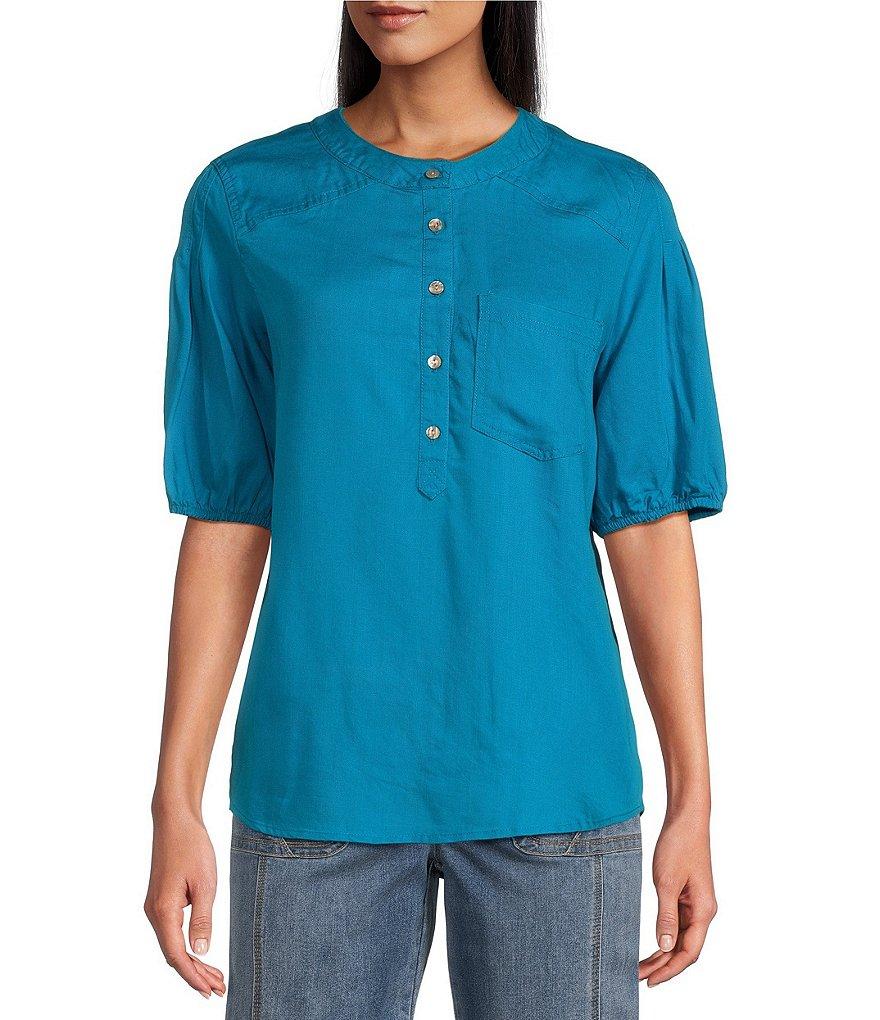 Westbound Pocket Front 3/4 Puff Sleeve Henley Top Product Image