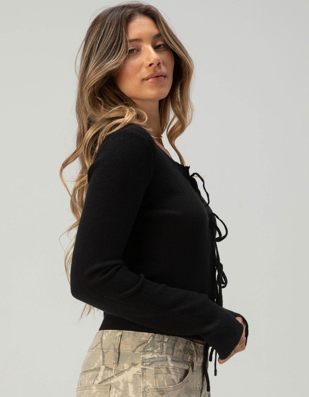 FULL TILT 3 Tie Front Womens Pointelle Cardigan - RED Product Image