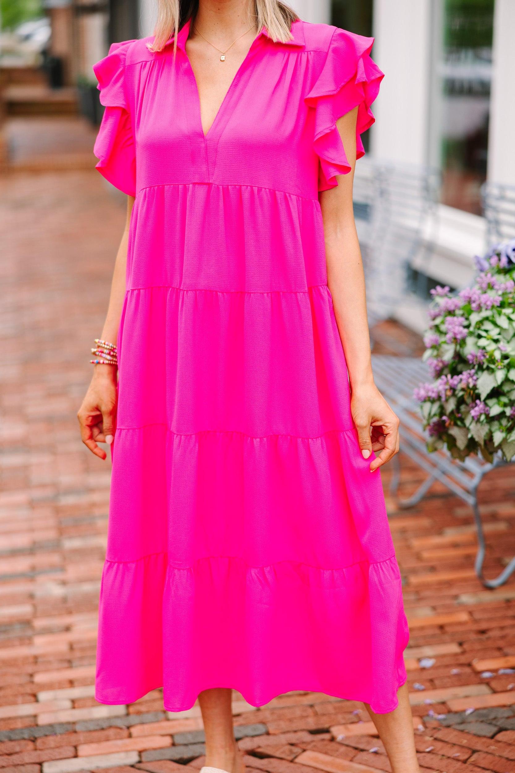 Look You Up Fuchsia Pink Ruffled Midi Dress Female Product Image
