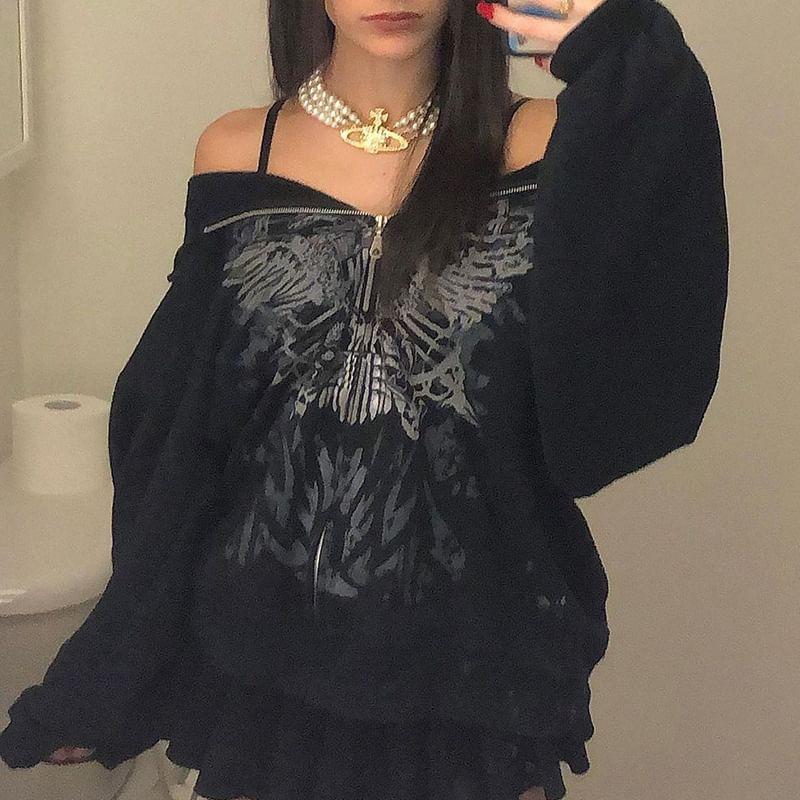 Oversized Butterfly Print Zip-Up Hoodie Product Image