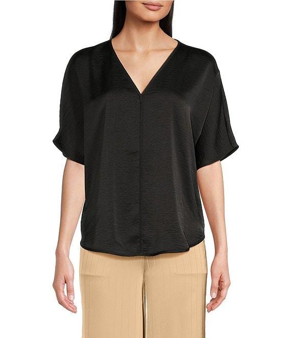 DKNY by Donna Karan Woven V-Neck Short Sleeve Blouse Product Image