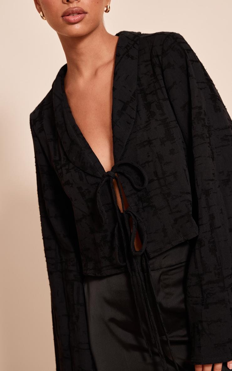  Black Textured Lightweight Woven Tie Front Shirt Product Image
