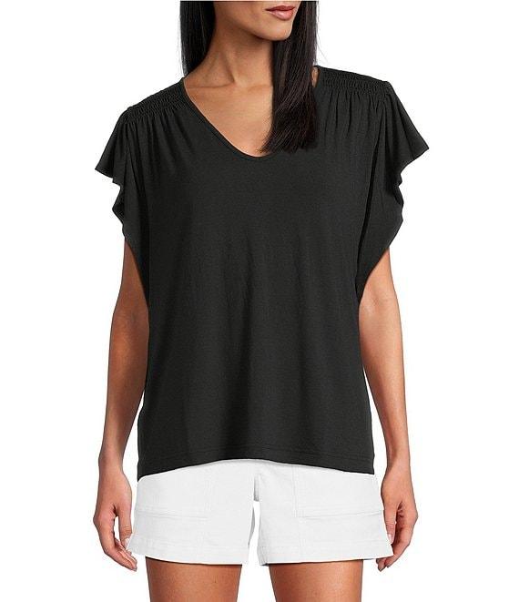 Tommy Bahama Kauai Solid V-Neck Short Flutter Sleeve Smocked Stretch Jersey Top Product Image