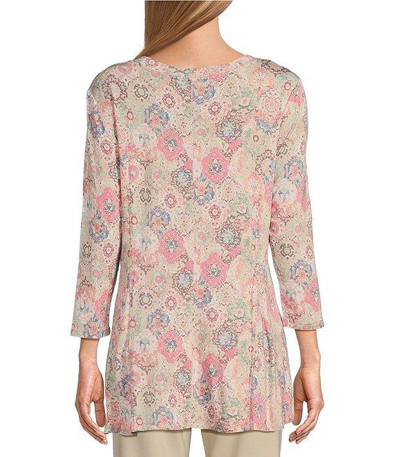 Intro Knit Jersey Floral Print Scoop Neck 3/4 Sleeve Flare Hem Top Product Image