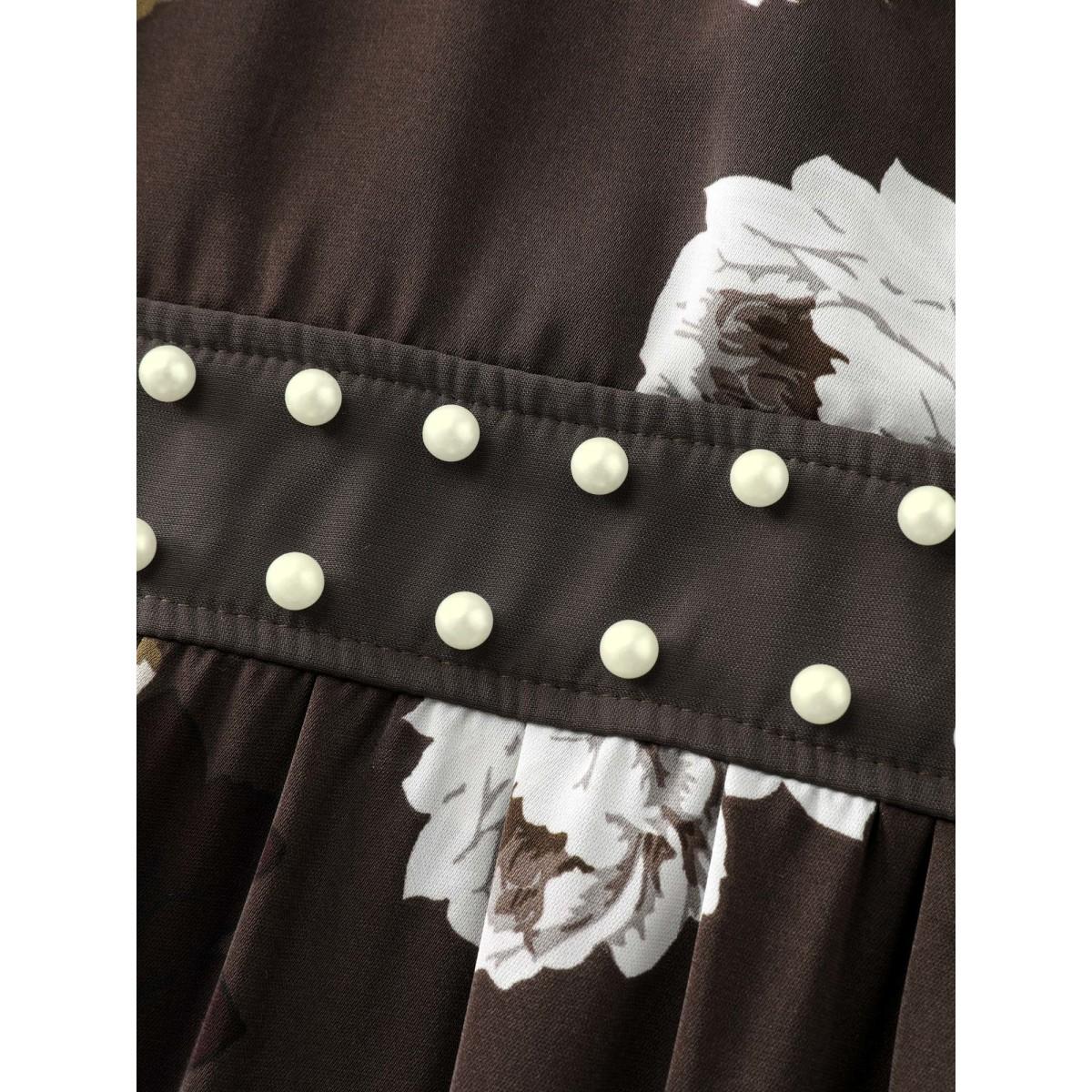 Plus Size Rosy Print Pearl Detail Cinched-Waist Midi Dress DarkBrown Women Timeless Overlapping Overlap Collar Long Sleeve Curvy BloomChic 28/5X Product Image