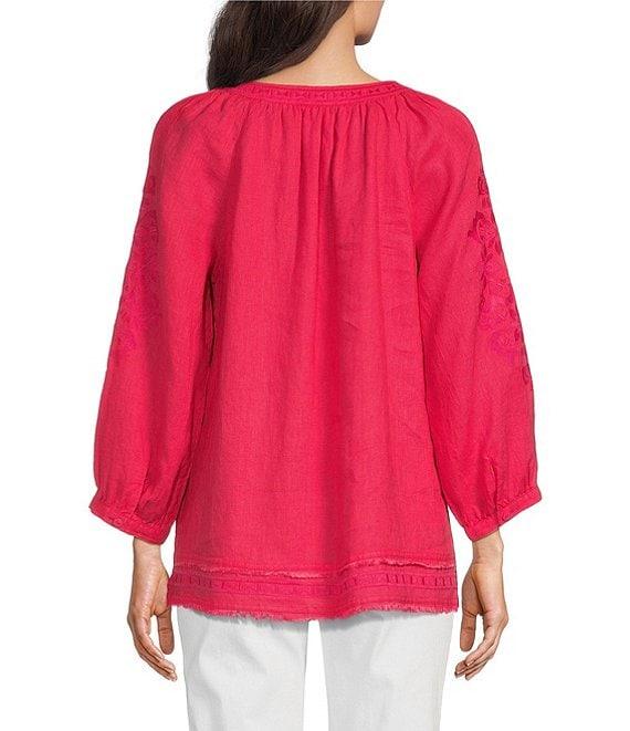 John Mark Linen Embroidered Split Neck 3/4 Sleeve Tunic Product Image
