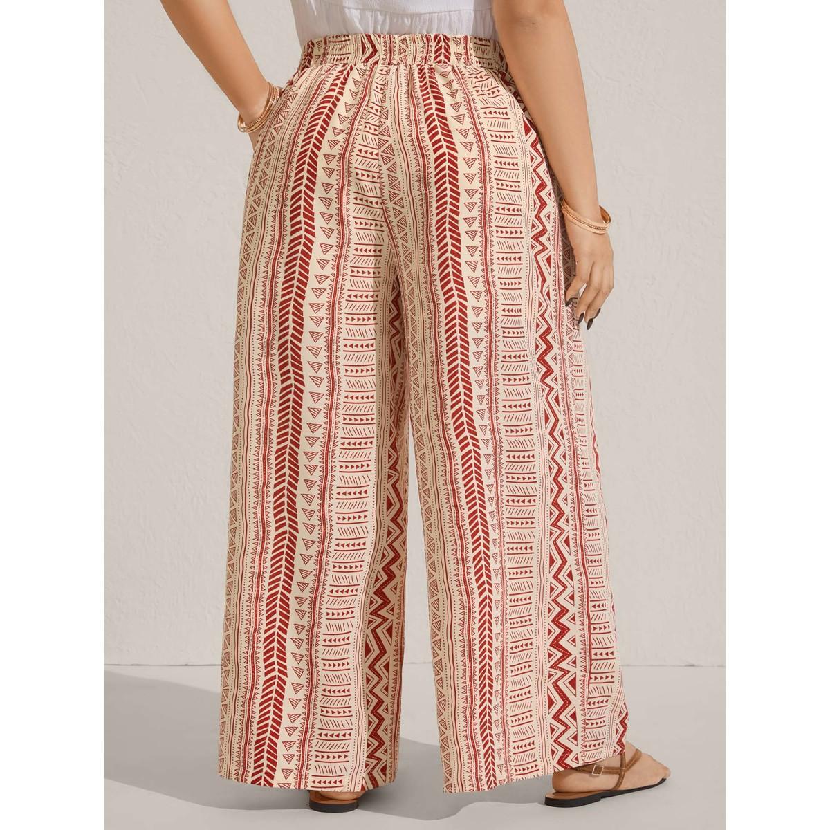 Plus Size Waist-Tie Wide-Leg Boho Print Pants Women Rust Casual Wide Leg Mid Rise Everyday-Casual Pants BloomChic 18-20/2X Product Image