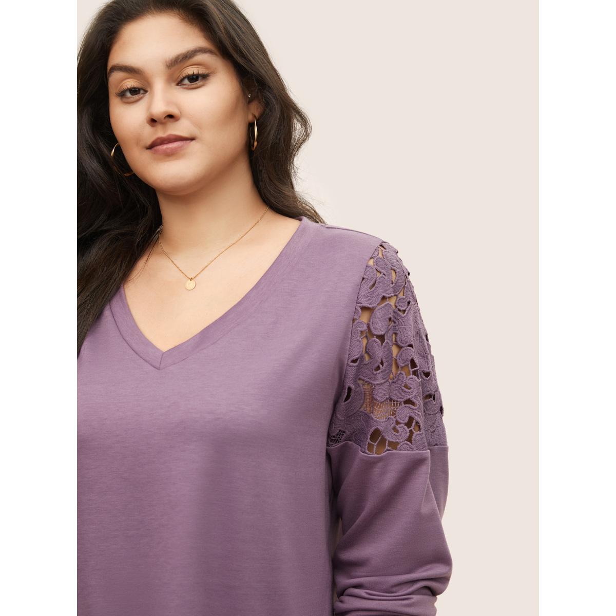 Plus Size Lace Patchwork Embroidered V Neck Sweatshirt Women Mauve Casual Cut-Out V-neck Everyday Sweatshirts BloomChic 26/4X Product Image