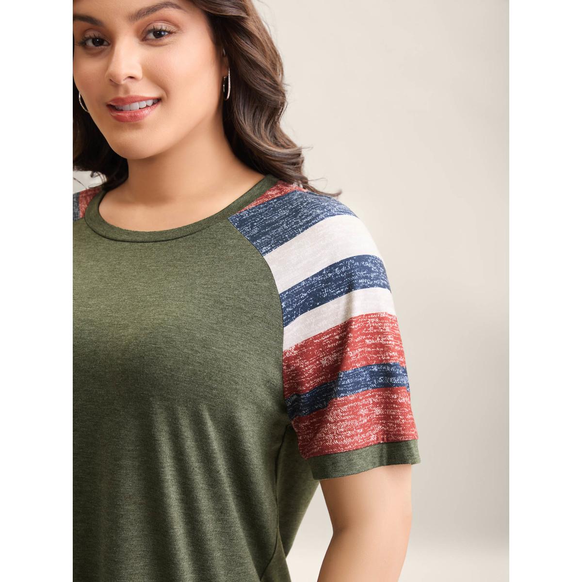 Plus Size Striped Raglan Sleeve Plain T-Shirt ArmyGreen Women Leisure Contrast Round Neck Casual T-shirts BloomChic 30/6X Product Image