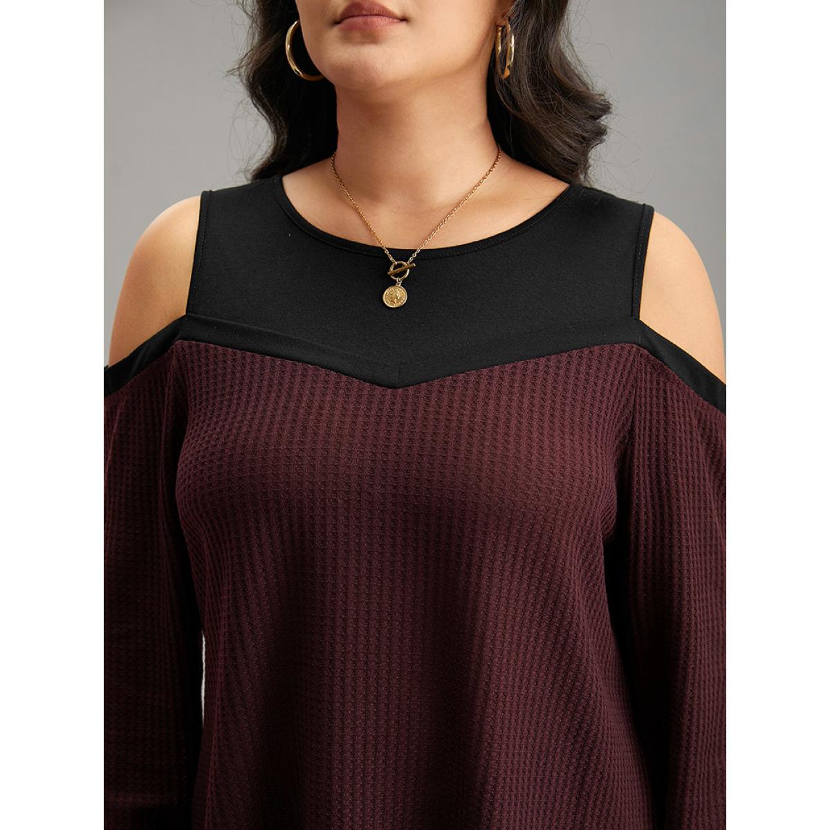 Plus Size Cold Shoulder Patchwork Contrast Waffle Knit T-shirt Burgundy Women Casual Waffle Knit Plain Cold Shoulder Dailywear T-shirts BloomChic 10/M Product Image