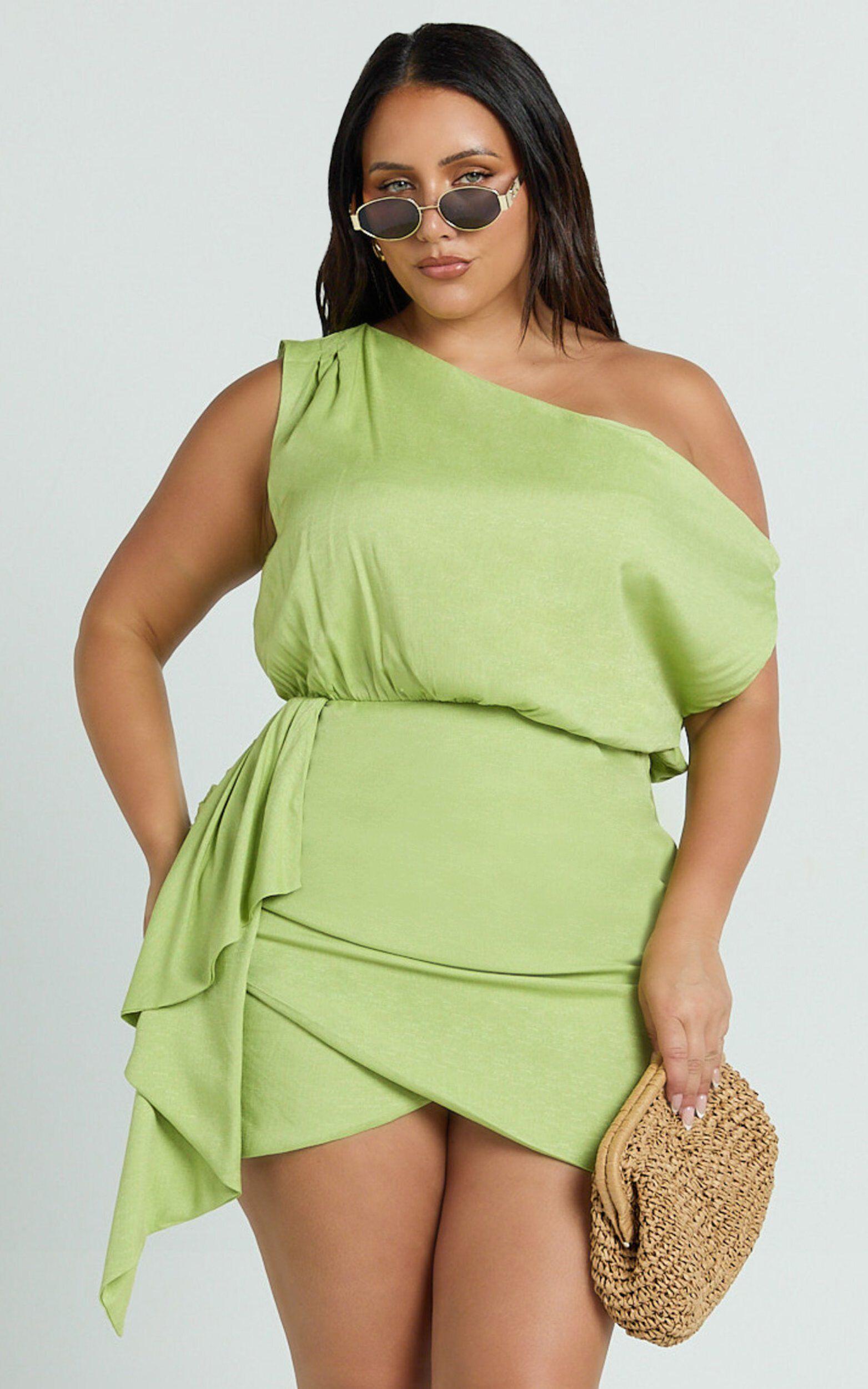 Niana Mini Dress - Drape One Shoulder Dress in Green Product Image