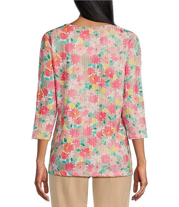 Allison Daley Petite Size Embellished Cheerful Daisy Print 3/4 Sleeve Crew Neck Knit Top Product Image