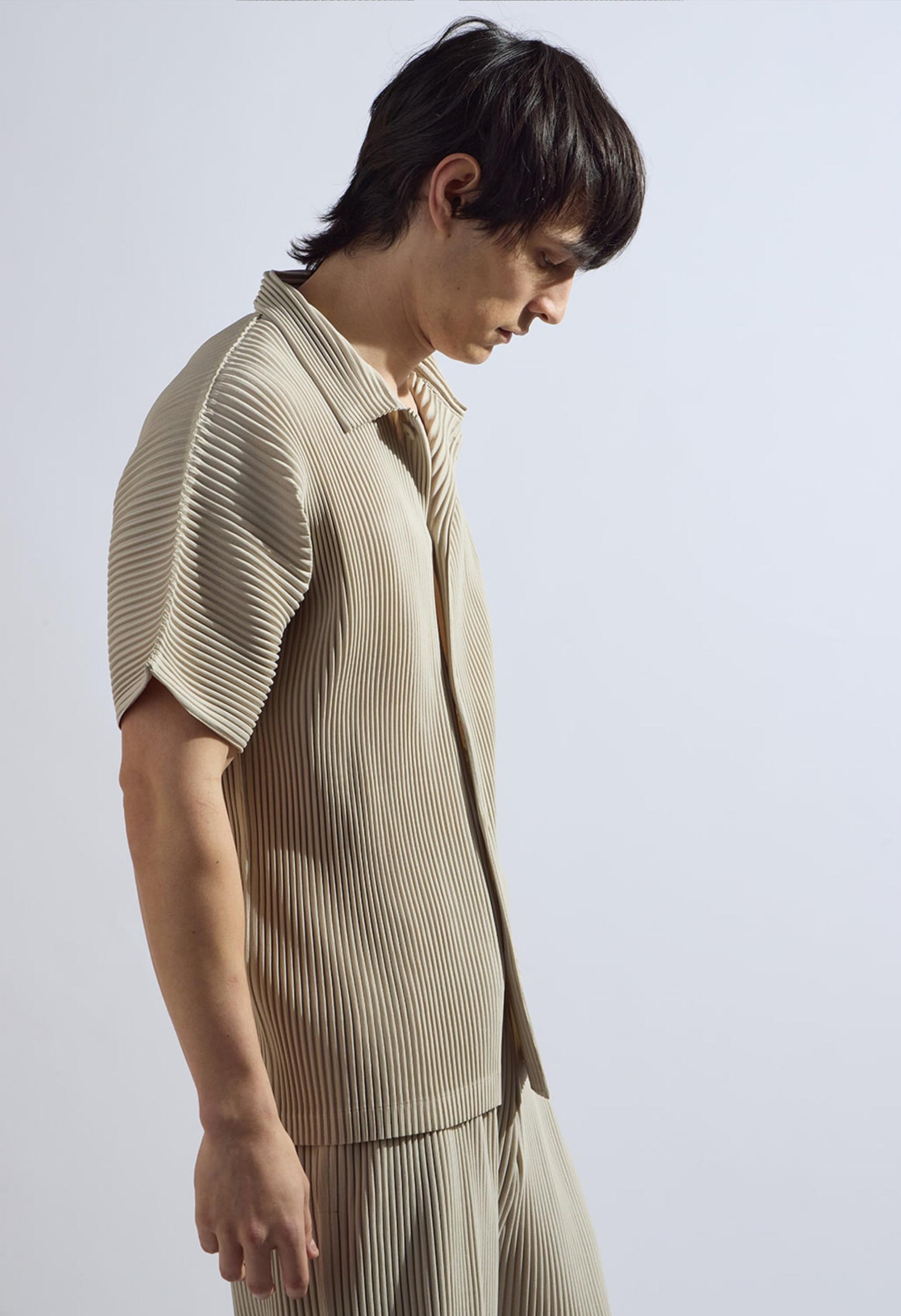 Pleated Short Sleeve Button Down in Beige Product Image