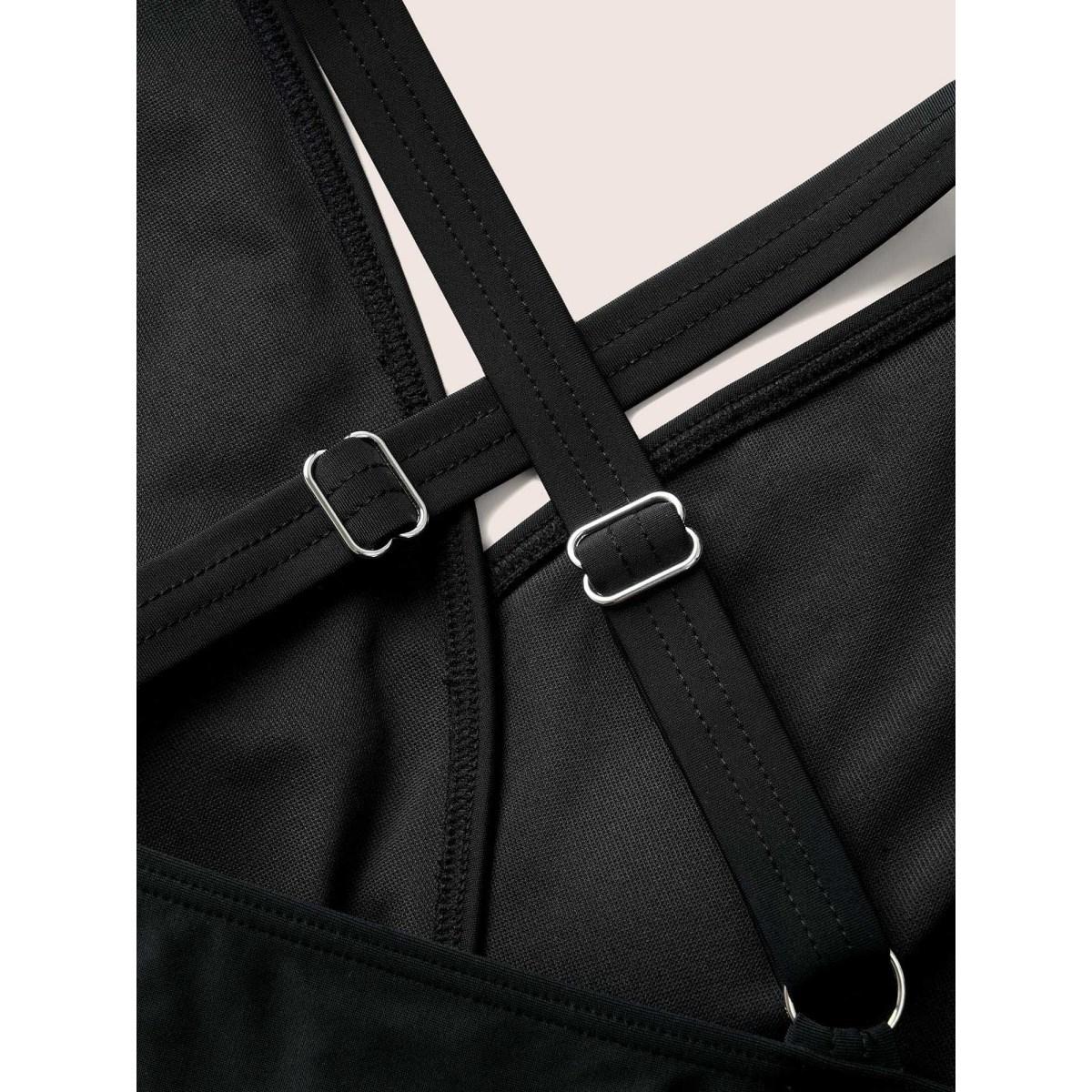 Plus Size Overlap Collar Natural Flowers Gathered Swim Dress Women's Swimwear Black Beach Bodycon Overlap Collar High stretch Curve Swim Dresses BloomChic 12/L Product Image