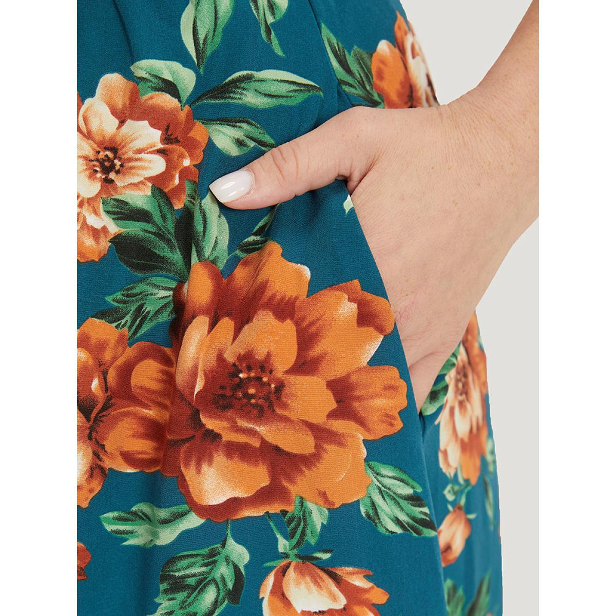 Plus Size Floral Print Cowl Neck Pocket Cami Dress Cyan Women Elegant Adjustable Straps Spaghetti Strap Sleeveless Curvy Midi Dress BloomChic 18-20/2X Product Image