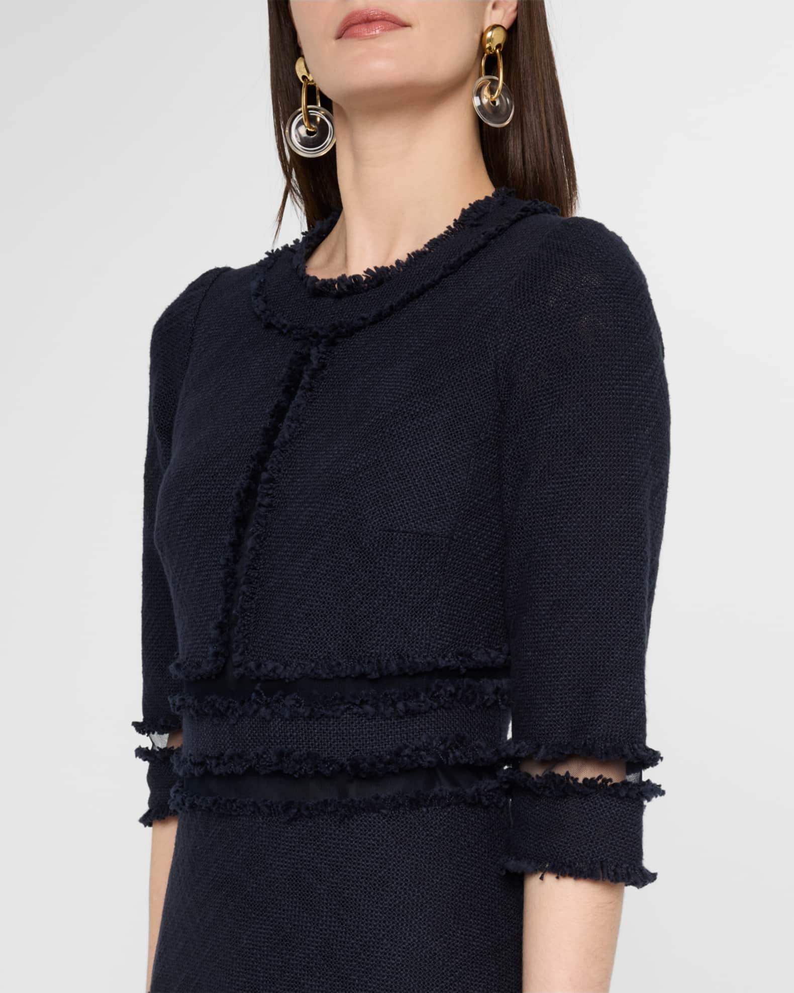 3/4-Sleeve Fringed Tulle-Inset Midi Dress Product Image