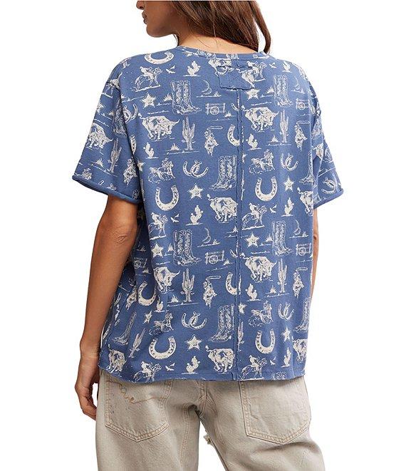 Free People Painted Floral Navy Western Printed Crew Neck Short Sleeve Tee Product Image