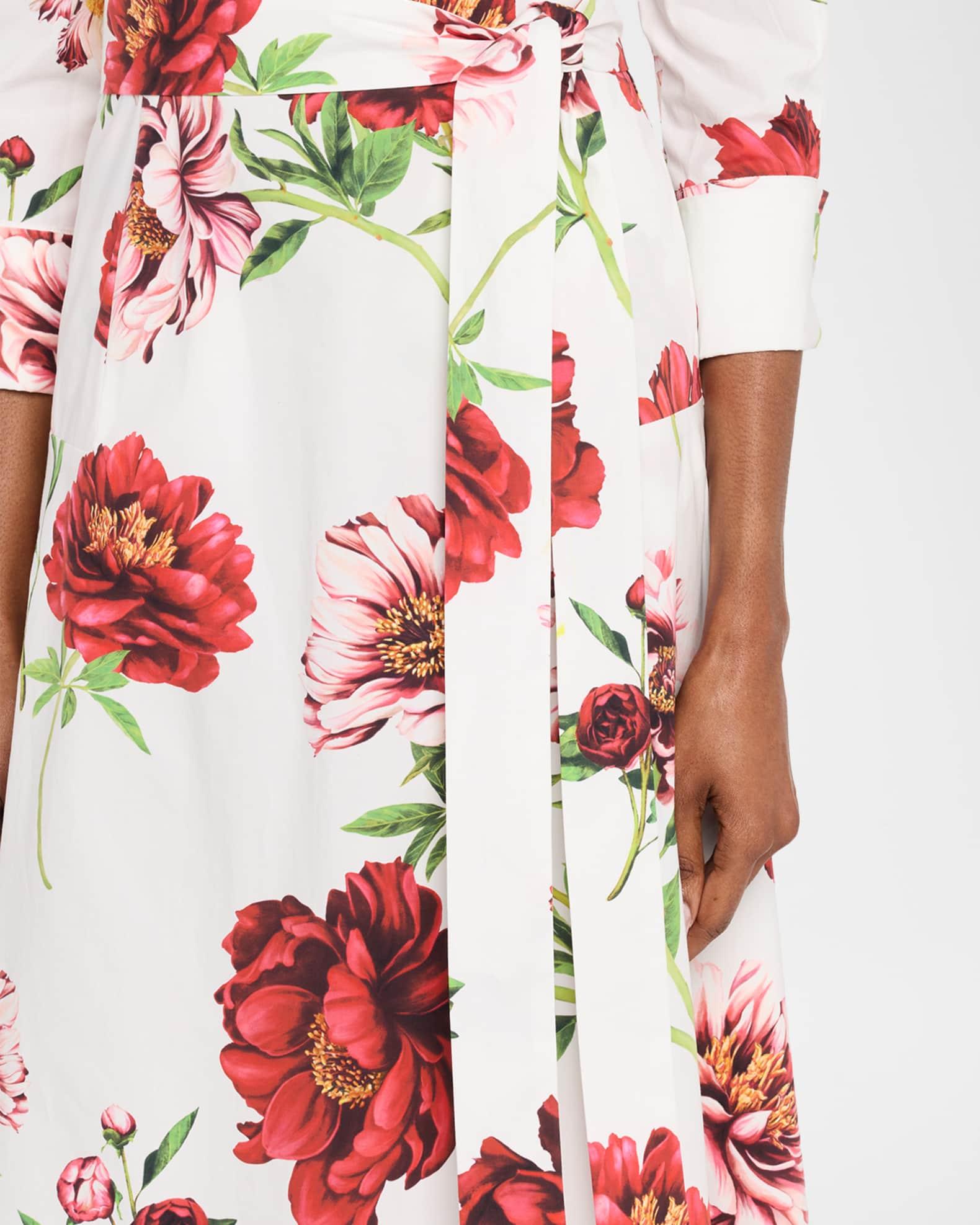 Peony-Print Poplin 3/4-Sleeve Midi Day Dress Product Image