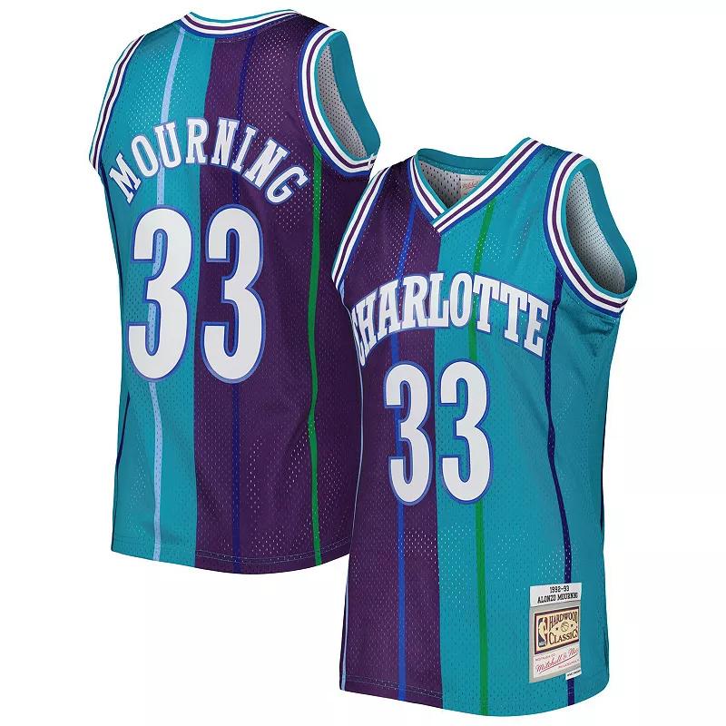 Men's Mitchell & Ness Alonzo Mourning Teal/Teal Charlotte Hornets Hardwood Classics 1992/93 Split Swingman Jersey, Size: Medium, Chr Blue Product Image