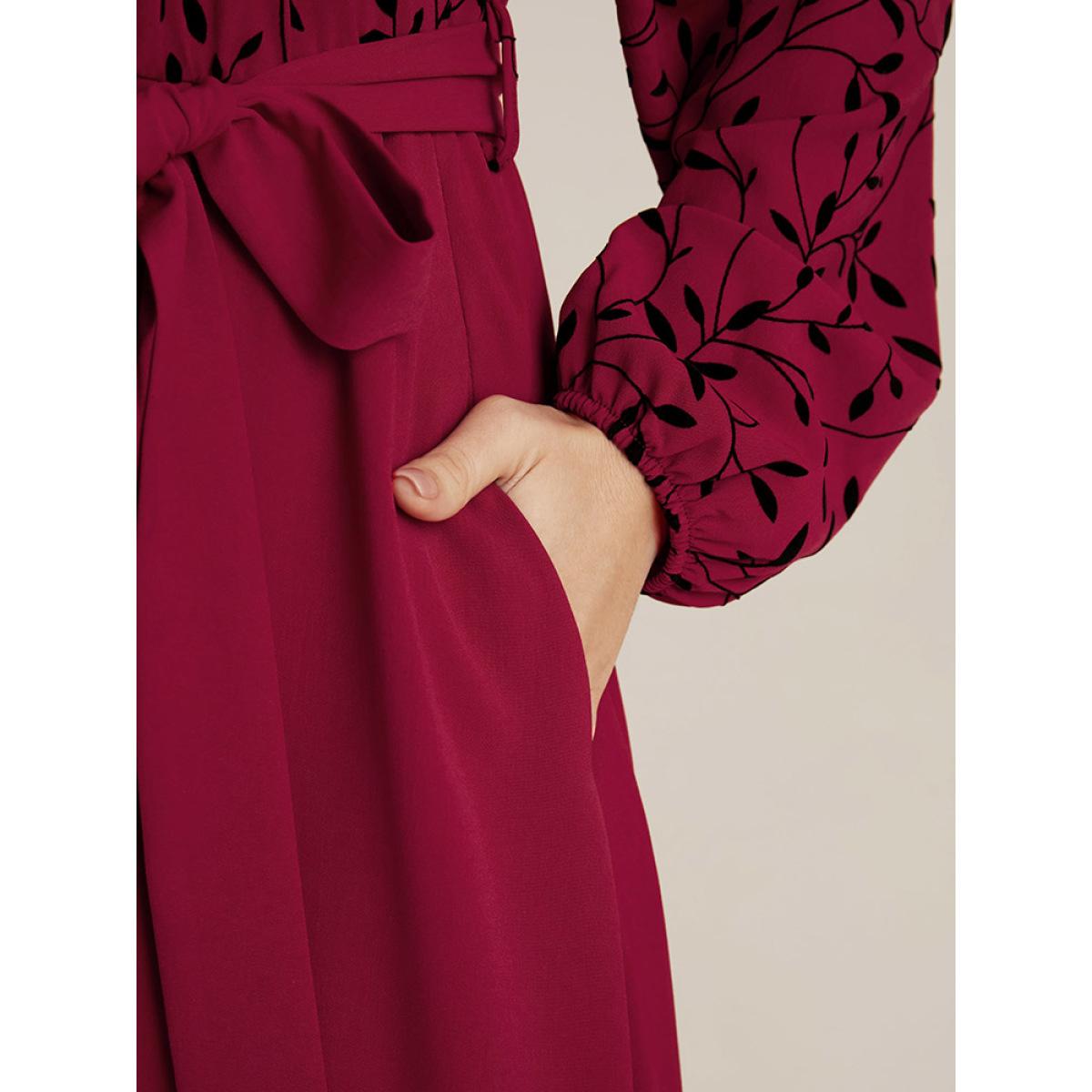 Plus Size Plant Print Lantern Sleeve Pocket Belted Ruffles Hem Dress Burgundy Women Elegant Patchwork V-neck Long Sleeve Curvy Midi Dress BloomChic 28/5X Product Image
