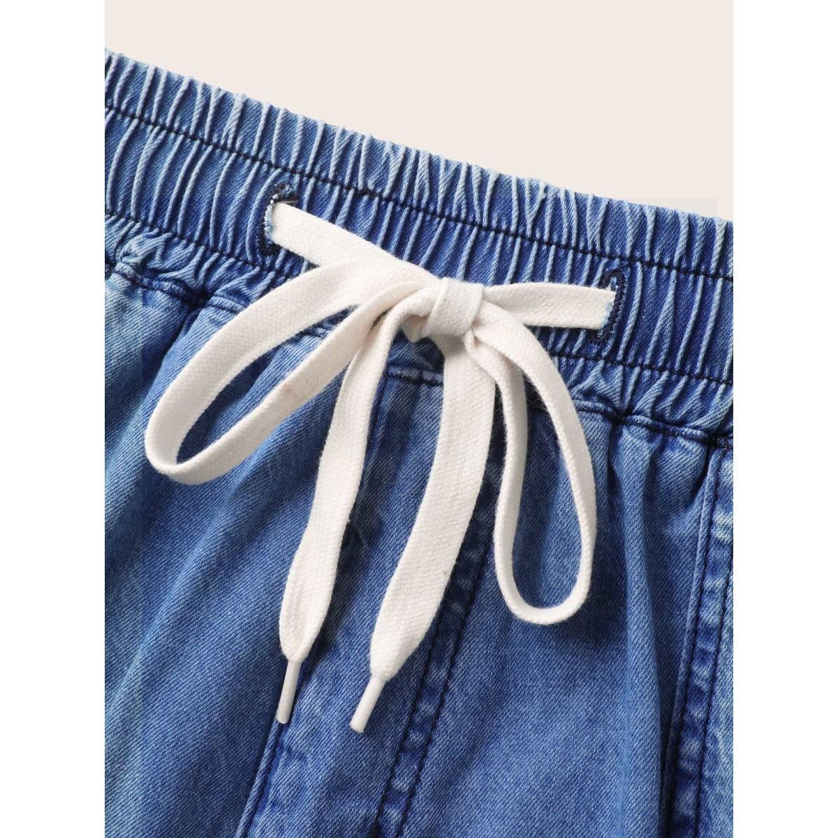 Plus Size Cotton Stretchy Waist Drawstrings Denim Shorts Women Midblue No stretch Casual Slanted pocket Leisure Denim Shorts BloomChic 20/2X Product Image